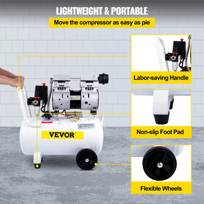 VEVOR 14/18/30/35 L Silent Whisper Compressor 850/1000/1500 W Quiet Oil-Free Compressor 1.1/1.5/2 HP For Workshop Tires Bicycle