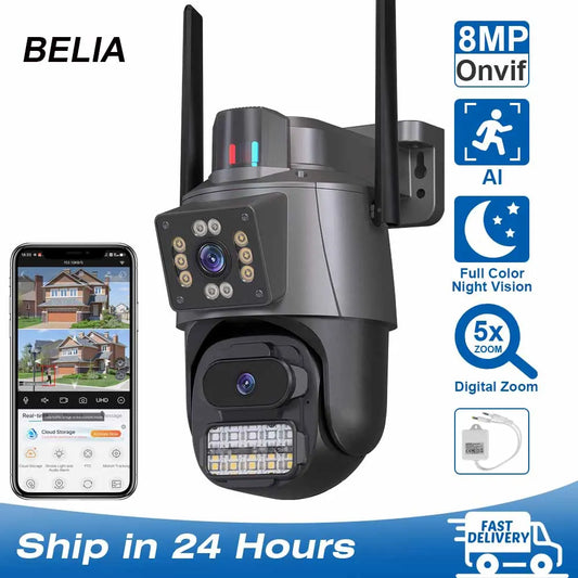 Caméra de surveillance WiFi BELIA 4K 8MP, double objectif, zoom numérique 4X, détection humaine AI, ONVIF, caméras IP PTZ de sécurité extérieures