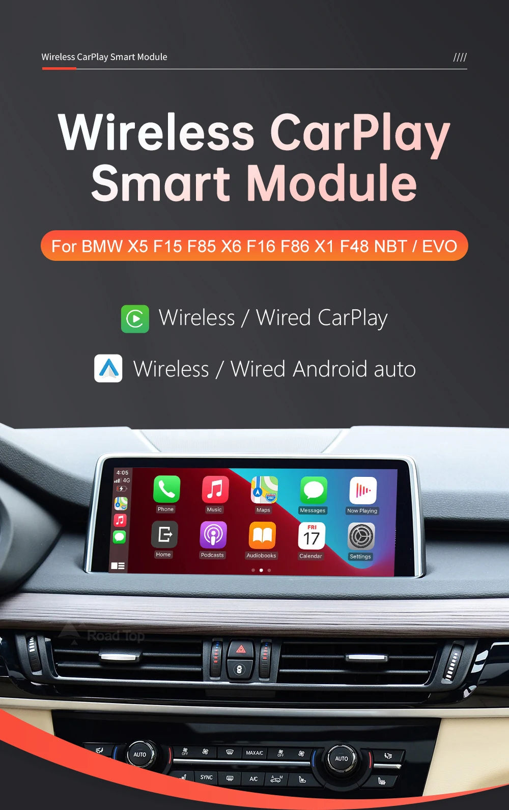 CarPlay sans fil pour BMW NBT, EVO X5 F15 F85 X6 F16 F86 2014-2020 X1 F48 2016-2020 avec Android Auto Mirror Link AirPlay Car Play