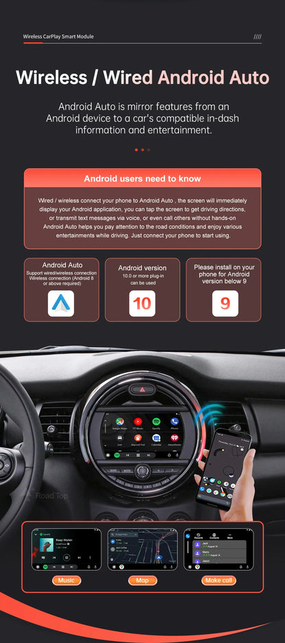 Road Top Wireless CarPlay Android Auto pentru Mini R55 R56 R57 R58 R59 R60 R61 F54 F55 F56 F57 Clubman Countryman Hardtop Cooper