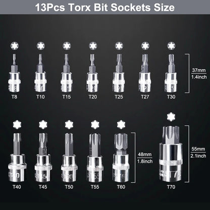 Set de 13 bucăți cu piulițe Torx Star Bit 1/4 3/8 și 1/2" Drive T8 - T70 Home Tool Kits