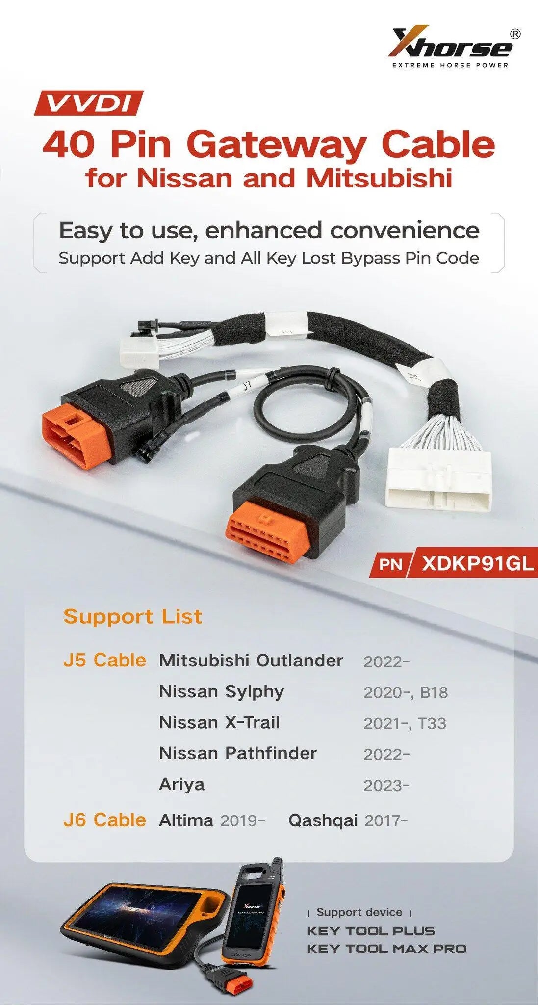 Xhorse XDKP91GL VVDI 40-Pin Cable for Nissan/Mitsubishi Support Add Key & All Key Lost Bypass Pin Code for Key Tool Plus/Max Pro