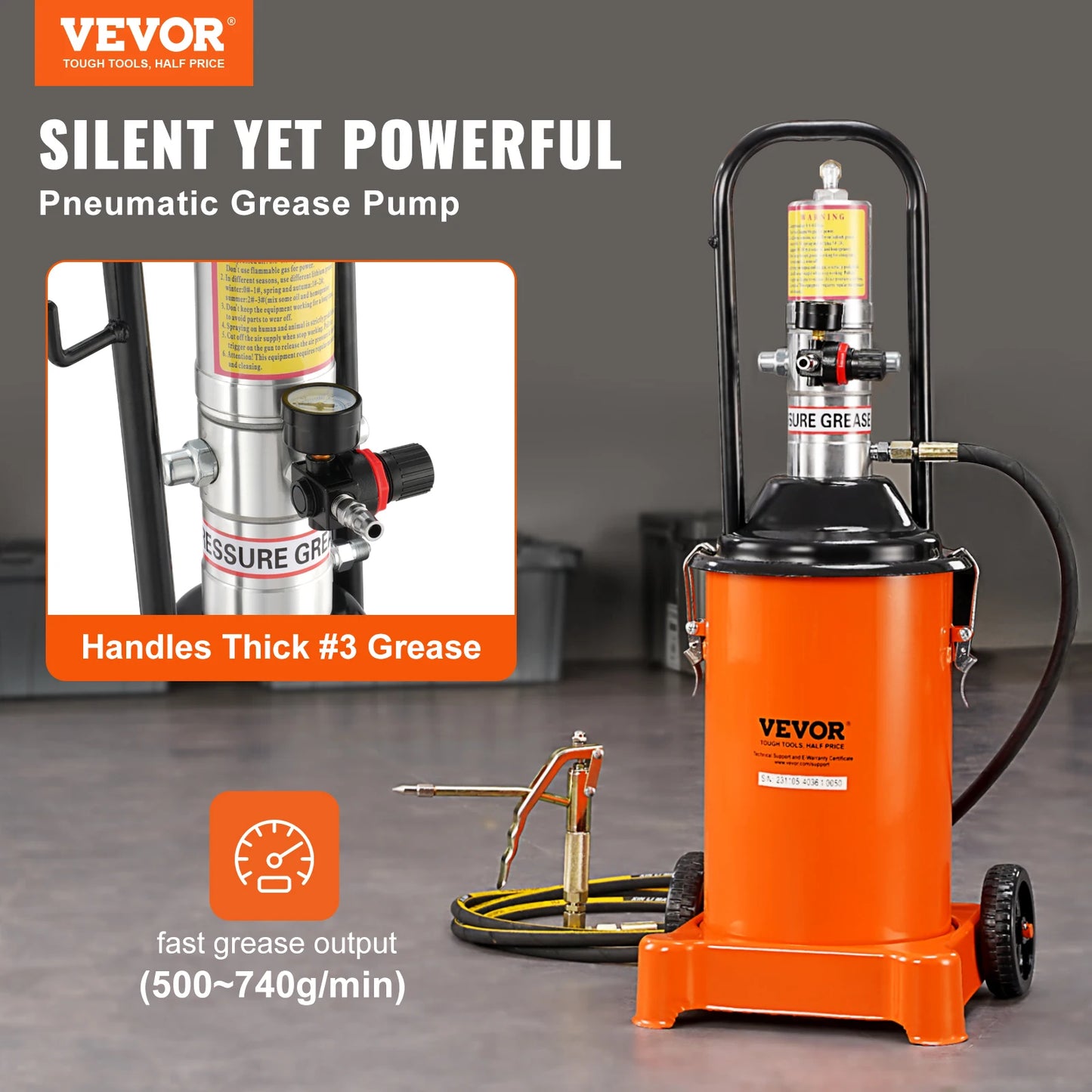 VEVOR 3/5/10.5 Gallon Grease Pump Air Operated with Hose Pneumatic Grease Bucket Gun and Wheels for Cars 50:1 Pressure Ratio