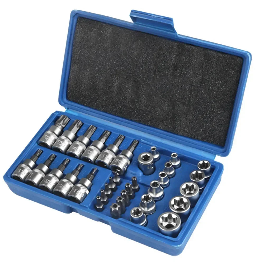 34 de bucăți de înaltă calitate Torx Star Sockets &amp; Bit Set Instrument portabil Torque Star Socket Masculin / Femeie E-Security Bits Drive Hand Tools