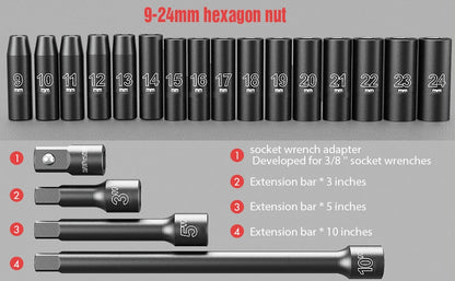 20pcs 1/2" Drive Metric Impact Socket Set Universal Socket Metric Drive Deep Socket Set Wrench for Air Pneumatic Repair Tools