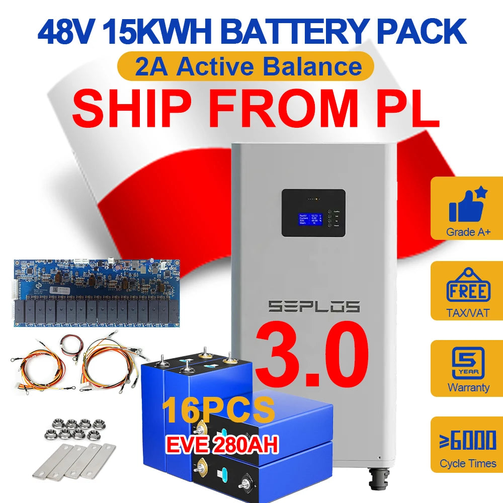 Poland 3.0 15KWH Seplos 16pcs 280AH Lifepo4 Battery  2A Active Balancer Pack  Power Bank Rechargeable Batteries Solar