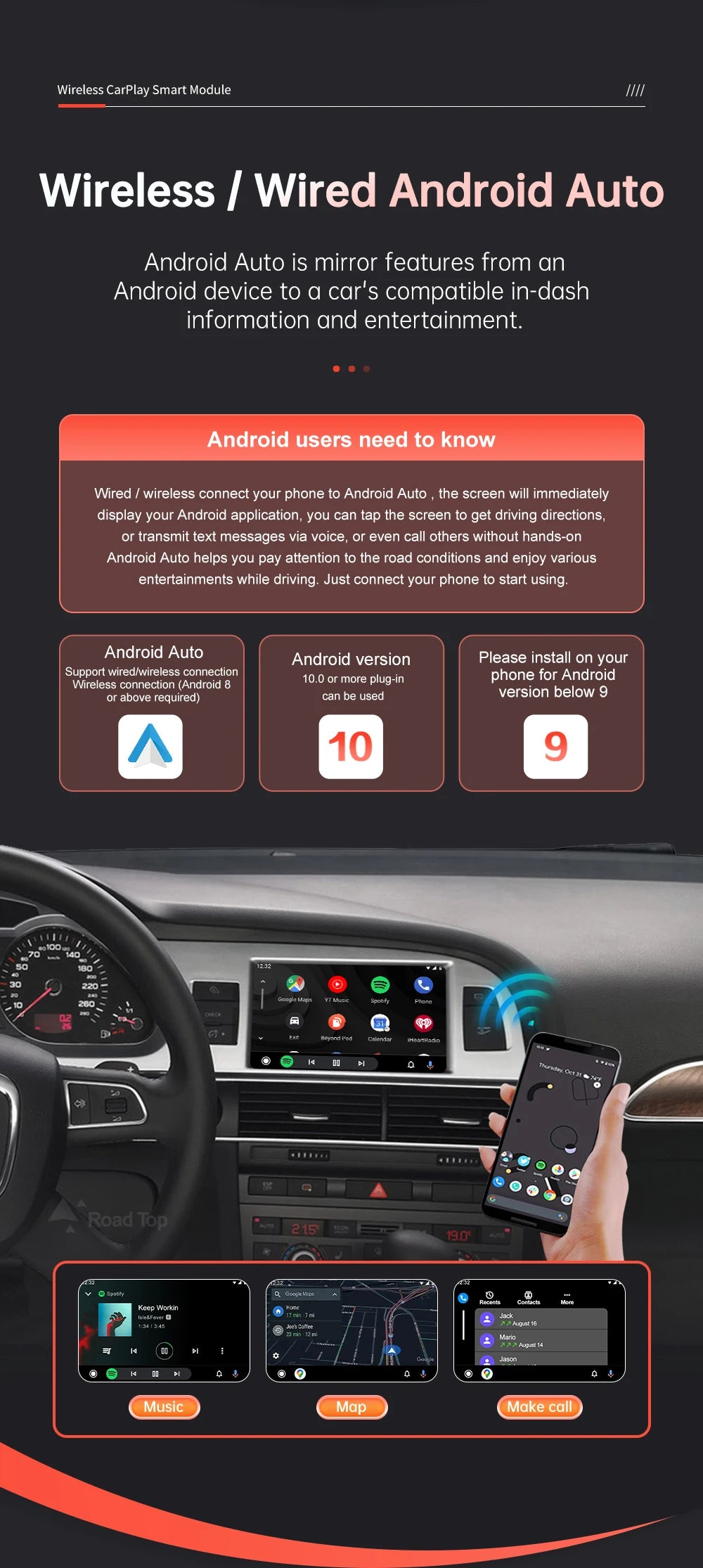 Road Top Wireless CarPlay Android Auto decorder for Audi A6 A7 2010-2011,with Mirror Link AirPlay Car Play Functions