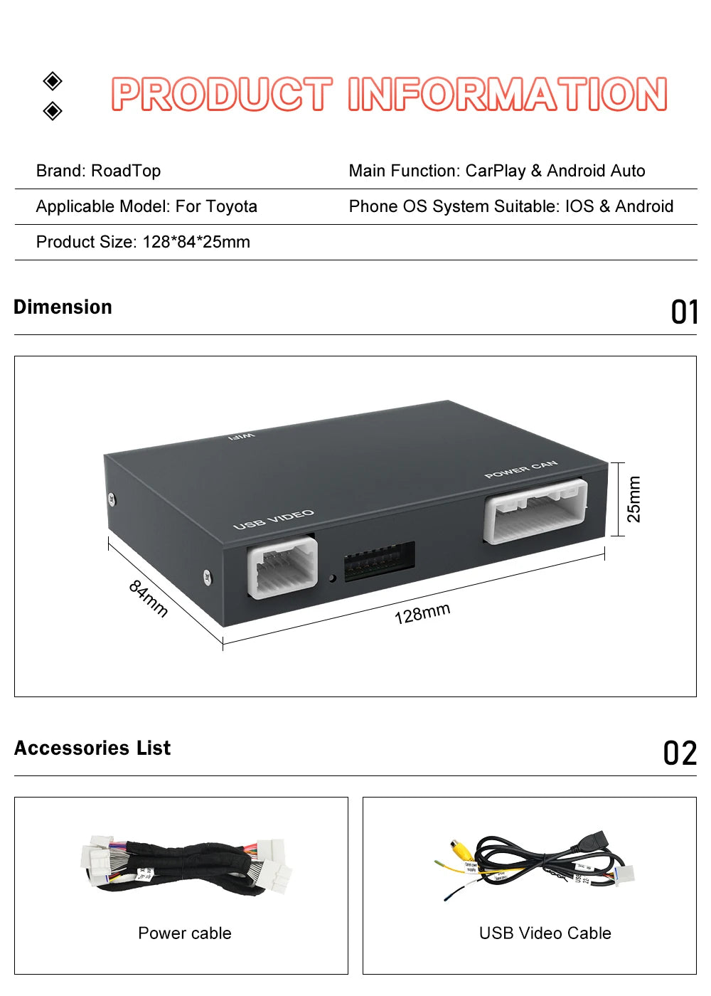 Carplay sans fil Android Auto pour Toyota 2014-2019 Tundra/Highlander/Tacoma/4Runner/Prius/Land Cruiser/Avalon/CH-R/Sienna