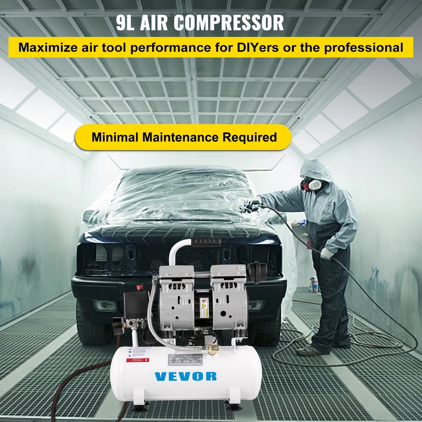 VEVOR 9L/30L Silent Air Compressor With Spray Gun Air Blow Gun Oil Free Air Compressor Pump For Homeuse Repair Tire Inflation