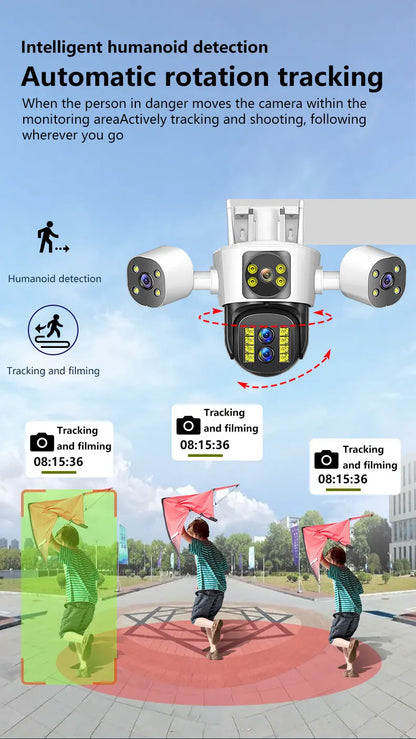 Cameră de securitate 8K 16MP WiFi Zoom 10X Ecrane triple cu patru lentile Cameră PTZ în aer liber Urmărire automată Camere de supraveghere video CCTV