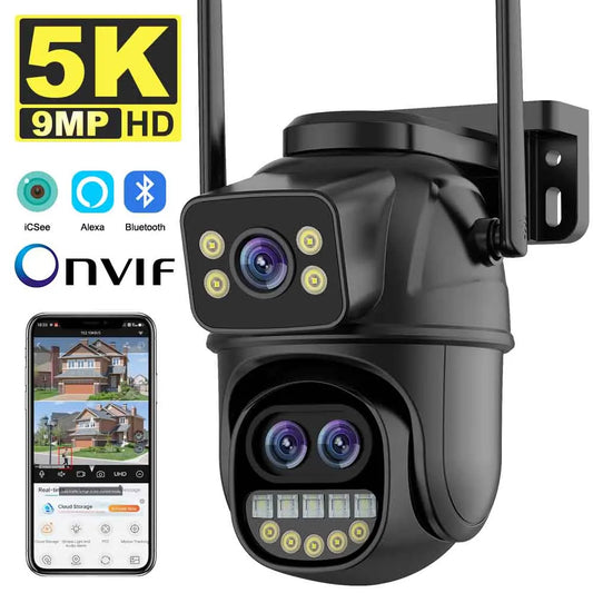 Caméra IP WiFi HD 9MP 5K Zoom 8x extérieur Caméra PTZ double écran à trois objectifs Suivi automatique Sécurité à domicile Surveillance CCTV Caméra 4MP