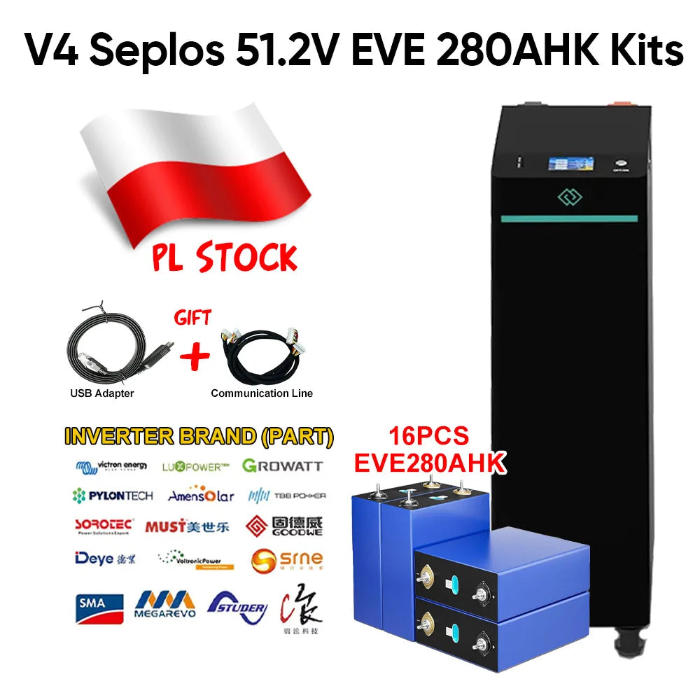 Poland Stock V4 Seplos 14.5KWH Lifepo4 Battery Kits  EVE280K Grade A+ With 10A Active Balancer Home Solar CAN RS485 Free To EU