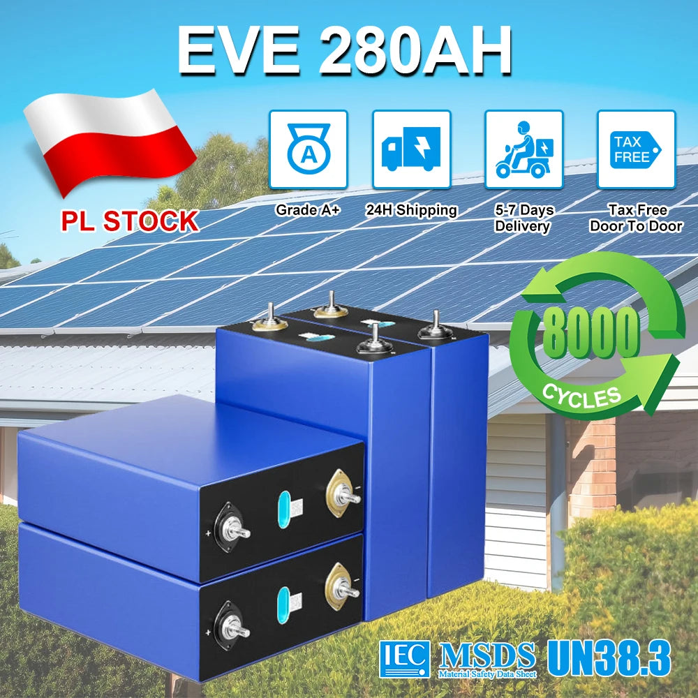 Poland Stock Grade A+ 8000 Cycles  EVE280K 12V 24V 48V 96V Lifepo4 Battery Pack Rechargeable Batteries Tax Free Home Solar