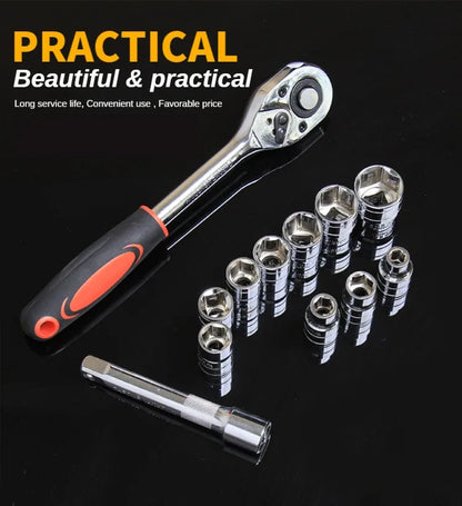 12Pcs 1/4 3/8 1/2 Socket Wrench Set Extension Rod Multi-function Ratchet Spanner Set Car Motorcycle Repair Automotive tools set