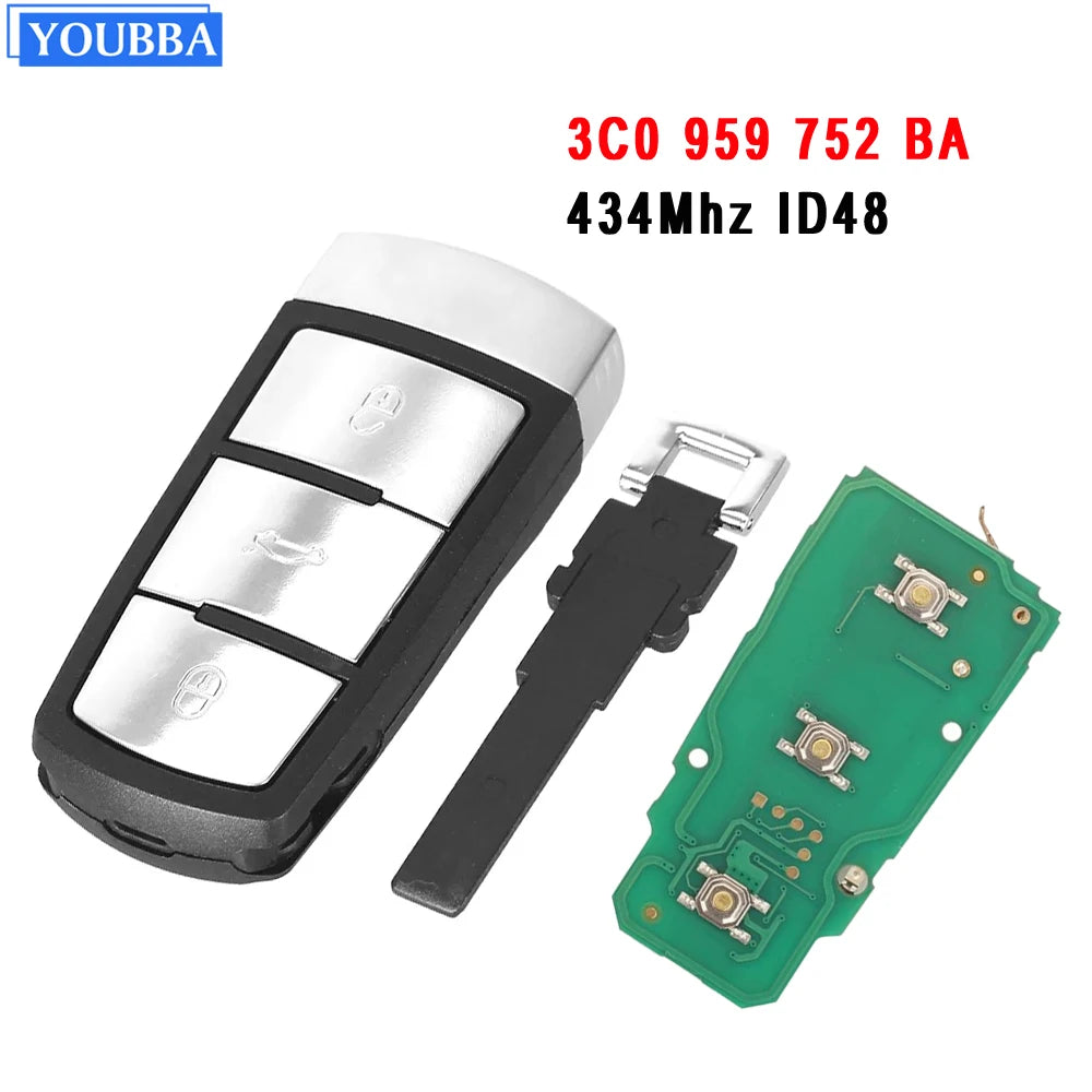 Clé de voiture à distance YOUBBA 3C0959752BA 3 boutons 434 MHz pour Passat B6 3C B7 Magotan CC 2004-2015 avec puce ID48 3C0 959 752 BA