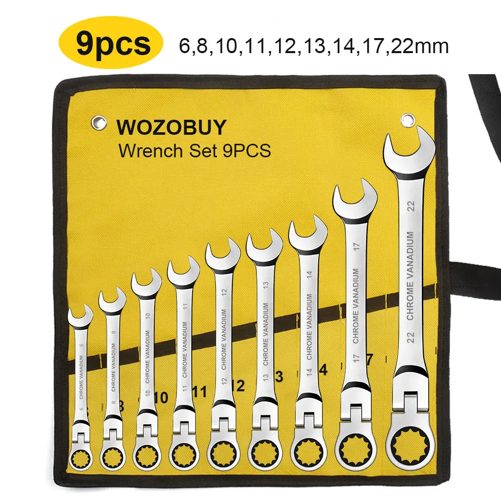 Flex Head Ratcheting Wrench Set,WOZOBUY Metric Ratchet Combination Wrenches Cr-V Gear Spanner Set Car Key Wrench Repair Tool Set