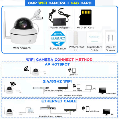 4K 8MP Wifi Dome IP PTZ Cameră în aer liber de urmărire a oamenilor/vehiculului Cameră de securitate audio bidirecțională fără fir Cameră de supraveghere pentru interior