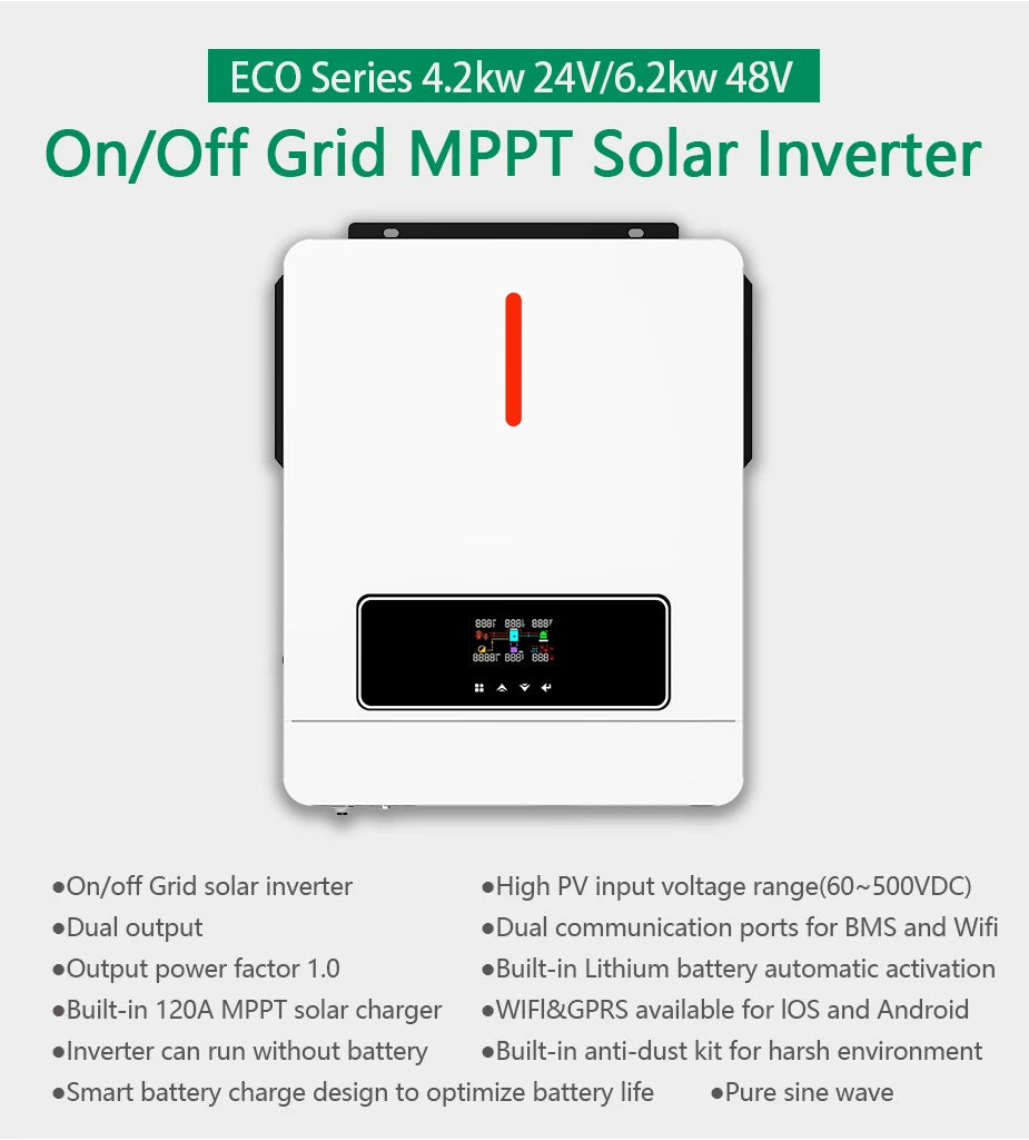 Invertor solar cu ieșire dublă On/Off Grid 4.2KW 24V 6.2KW 48V 120A cu regulator de încărcare solar MPPT Invertor hibrid cu undă sinusoială pură