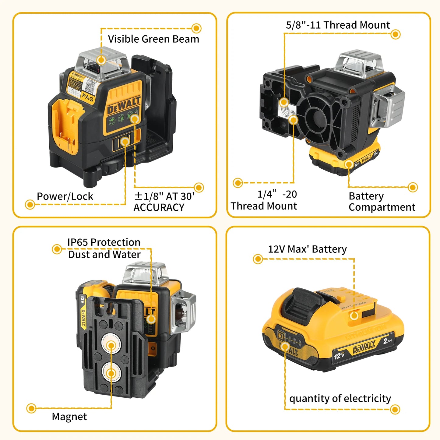 2025 Dewalt DW089LG 12 linii 3 laturi 360 de grade verticală 12 V baterie litiu nivel laser orizontal verde contor exterior