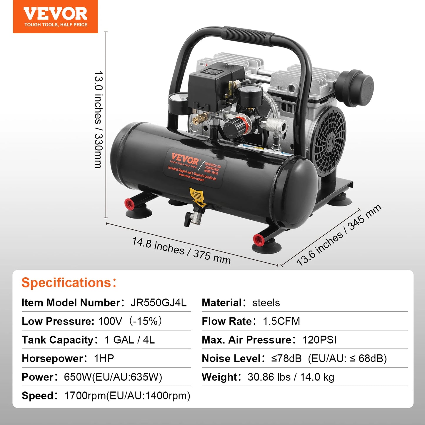 Compresseur d'air VEVOR 750W/1450W/3000W Compresseur d'air sans huile Pompe de compresseur portable silencieuse pour réparation automatique Gonflage des pneus à la maison