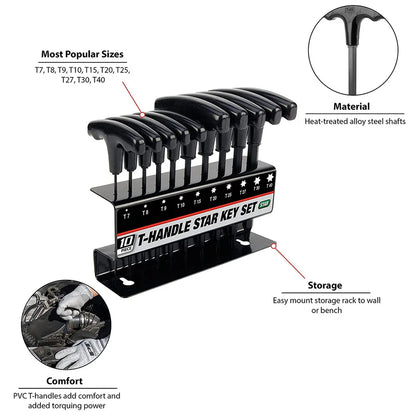 WOZOBUY 10pc Metric or Inch T-Handle Hex Key Allen Wrench Tool Set or Star T-Handle Hex Key Set with Convenient Storage Stand