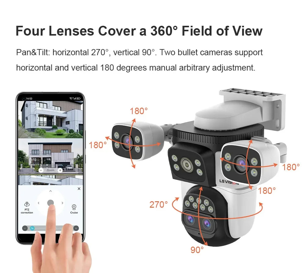 LS VISION 20MP 10X Zoom Patru Ecrane WiFi Cameră IP fără fir pentru exterior 10K Patru lentile PTZ Human Auto Tracking Camere de supraveghere