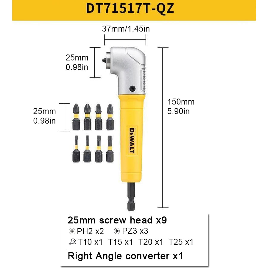 DEWALT DT71517T-QZ 10 in 1 Right Angle Drill Adapter with Bit Set PH/PZ/TORX Impact Ready Driver Dewalt Power Tool Accessories