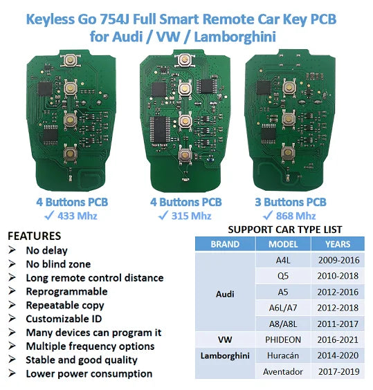 Luxury Keyless Go Smart Remote Key Fob For Q5 A4L A5 A6 A7 A8 for Lamborghini  for Huracán for Aven 8T0 959 754J