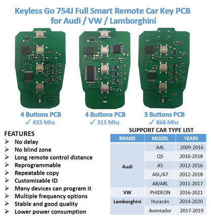 Luxury Keyless Go Smart Remote Key Fob For Q5 A4L A5 A6 A7 A8 for Lamborghini  for Huracán for Aven 8T0 959 754J