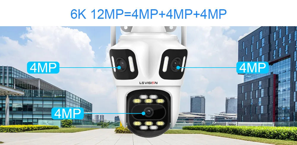 LS VISION 6K 12MP Trei ecrane WiFi IP Cameră de exterior Trei lentile Urmărire automată umană Camere de supraveghere rezistente la apă Aplicația iCSee