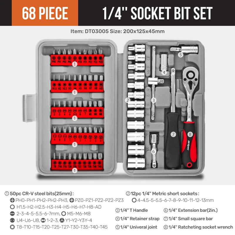 Jeu de 68 embouts à douille 1/4 Hi-Spec, douille courte métrique Crv Hex Torx, jeu de douilles à embouts cannelés, kit d'outils de réparation à douille hexagonale M5-M8