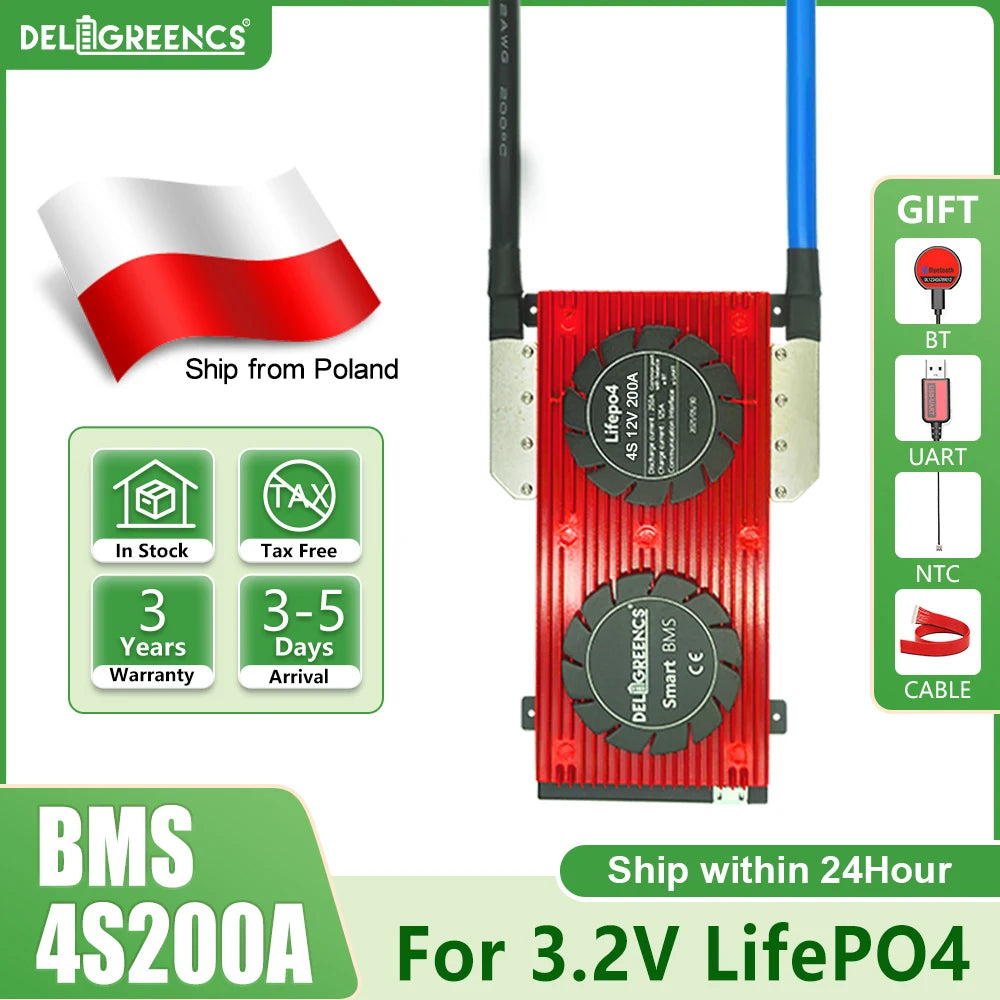 Poland Stock Lifepo4 12V 4S 200A Smart BMS With Bluetooth Uart Balance Cable  24 Hours Free Shipping