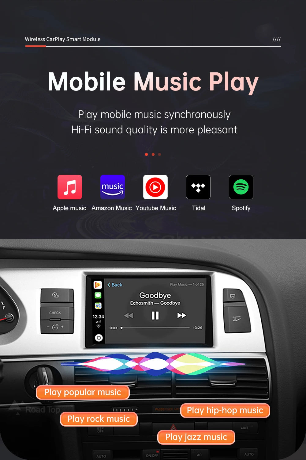 Road Top Wireless CarPlay Android Auto decorder for Audi A6 A7 2010-2011,with Mirror Link AirPlay Car Play Functions