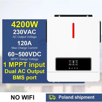 Dual Output On/Off Grid Solar Inverter4.2KW 24V 6.2KW 48V10.2KW With BMS Ports Dual MPPT PV Input Pure Sine Wave Hybrid Inverter