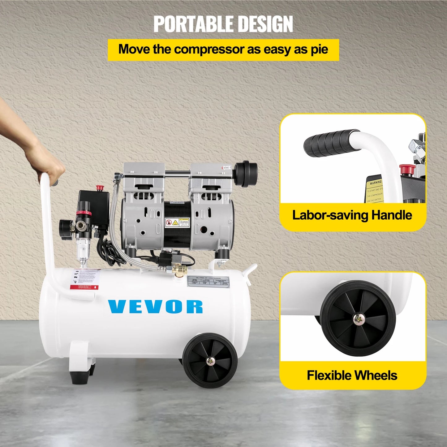 VEVOR Air Compressor 6.6/11 Gal,Portable Air Compressor 1 HP, Oil Free Air Compressor Steel Tank 750W Ultra Quiet Compressor