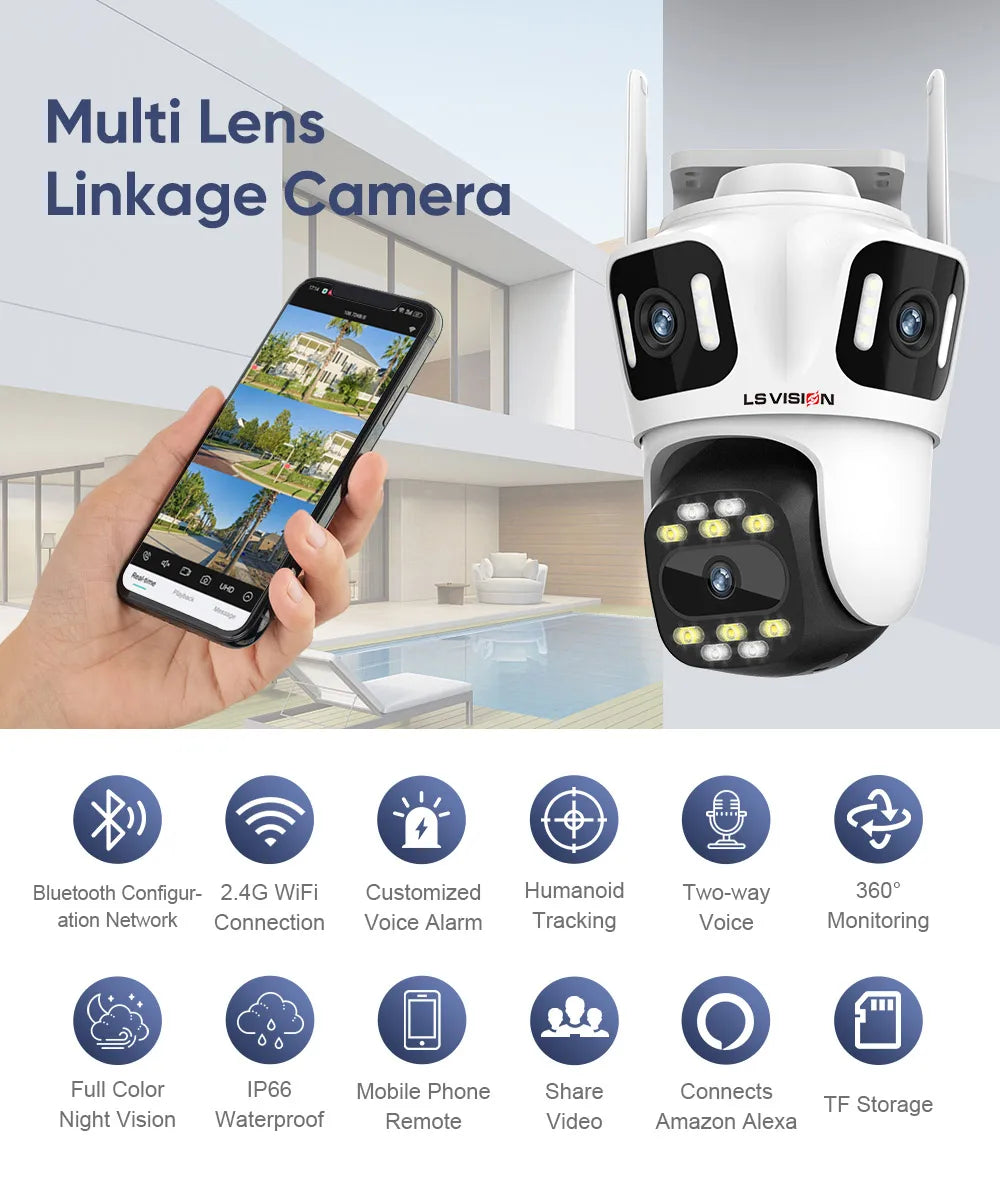 LS VISION 6K 12MP Trei ecrane WiFi IP Cameră de exterior Trei lentile Urmărire automată umană Camere de supraveghere rezistente la apă Aplicația iCSee