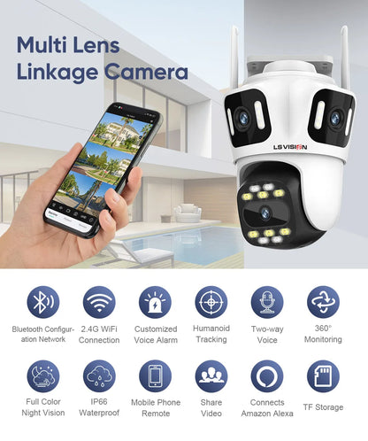 LS VISION 6K 12MP Trei ecrane WiFi IP Cameră de exterior Trei lentile Urmărire automată umană Camere de supraveghere rezistente la apă Aplicația iCSee