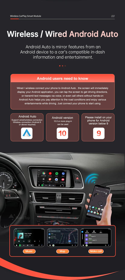 Road Top Wireless Carplay Module For Audi Q5 2009-2017, with Android Auto Airplay Mirror Link USB Player Rear Camerm Functions