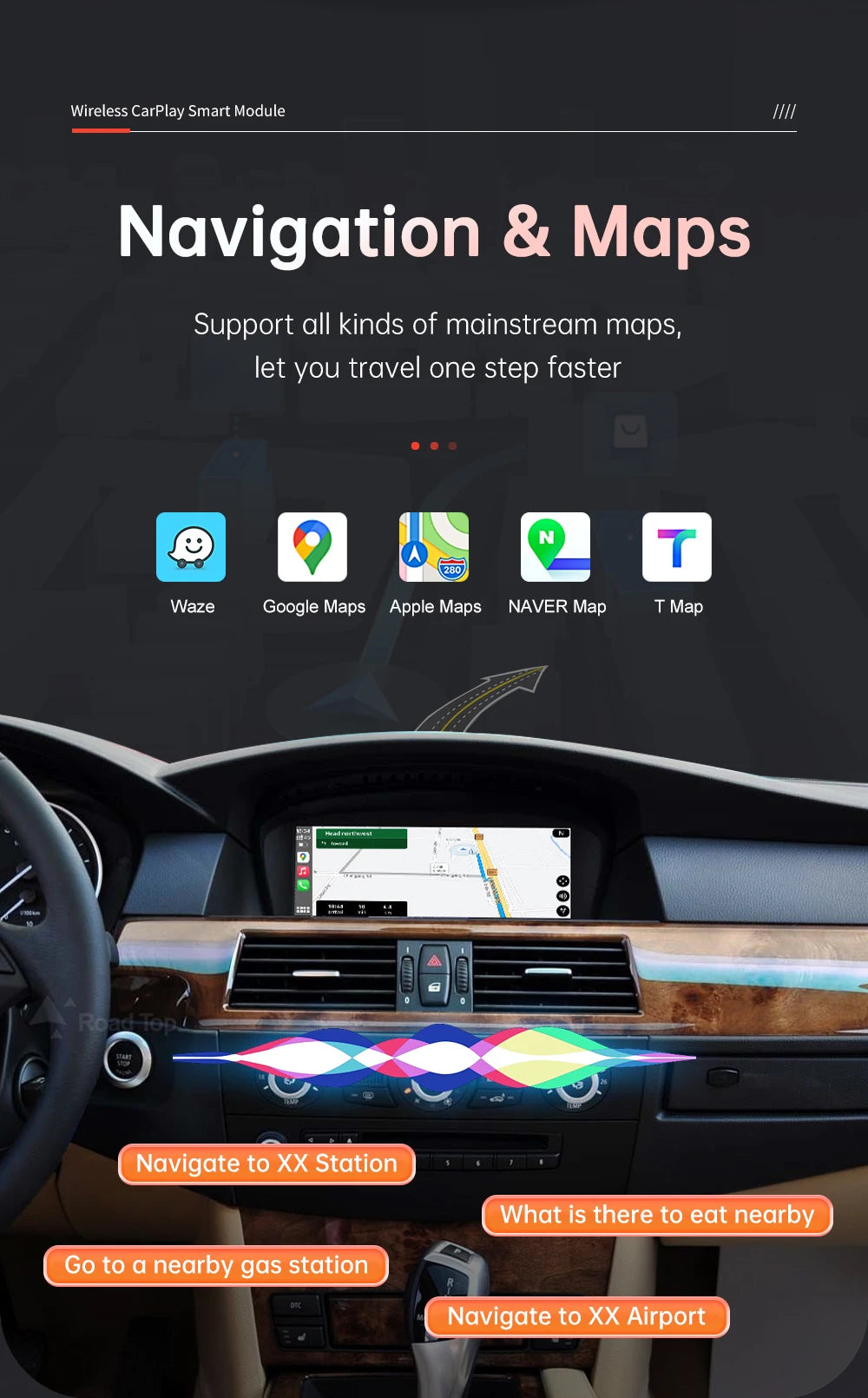 RoadTop Wireless CarPlay Android Auto pentru BMW Seria 3 E90 E91 E92 E93 Seria 5 E60 E61 2008-2013 cu funcție AirPlay Car Play