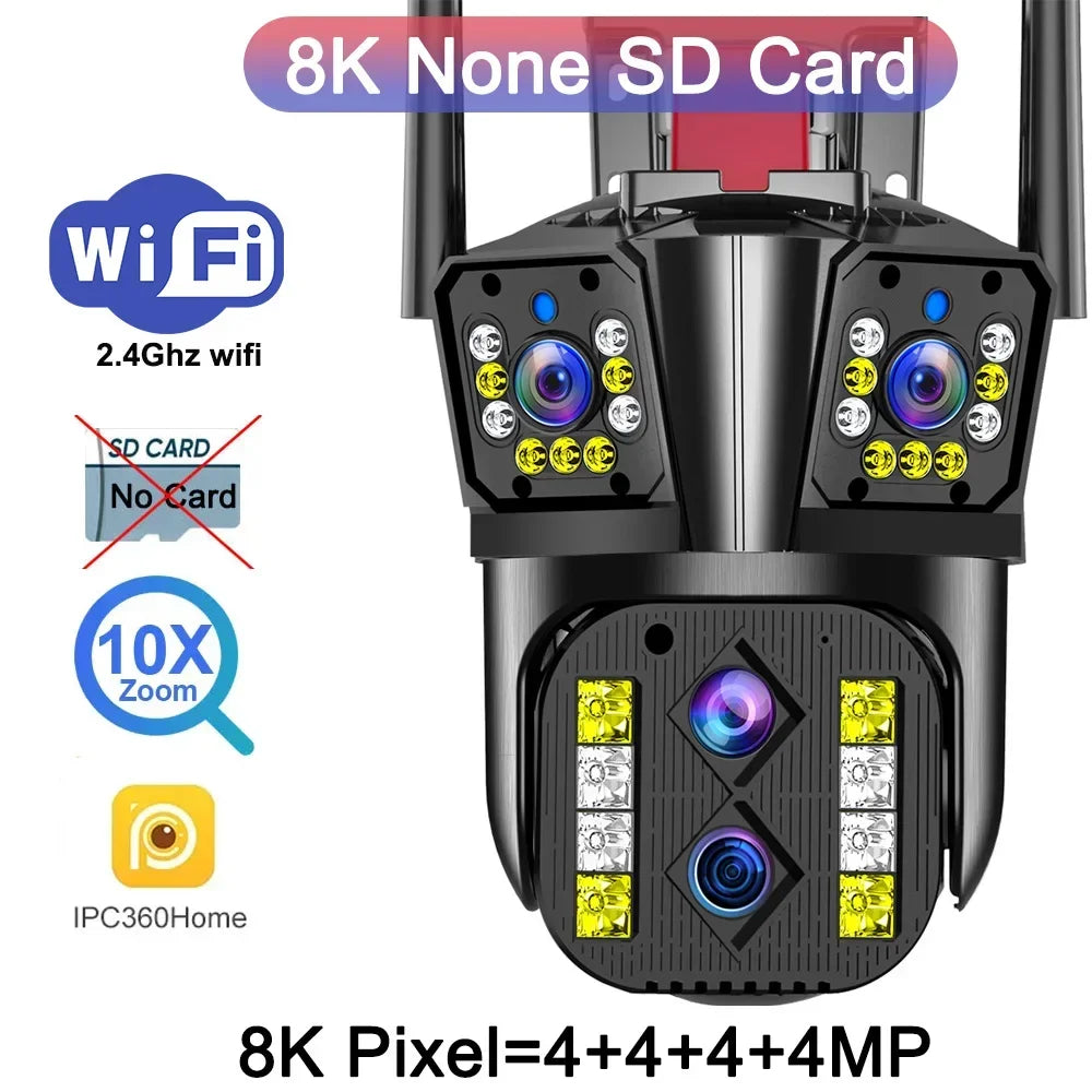 Outdoor WIFI IP Camera 16MP 8K HD 10X Optical Zoom Automatic Tracking PTZ Four Lens Three Screen Waterproof Security Camera CCTV