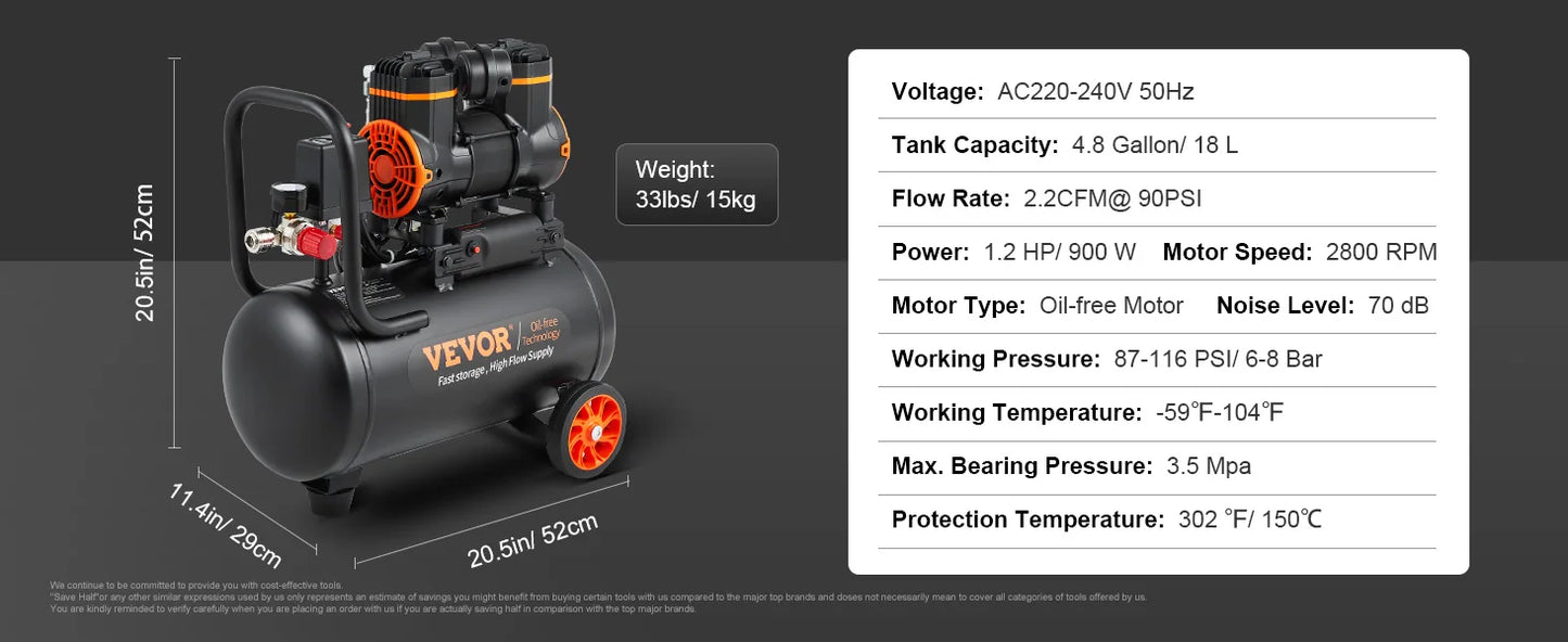 Compresseur d'air silencieux VEVOR 9L 18L 24L 35L Pompe à air portable silencieuse sans huile pour réparation à domicile Gonflage des pneus Compresseur Whisper