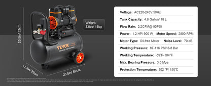 Compresseur d'air silencieux VEVOR 9L 18L 24L 35L Pompe à air portable silencieuse sans huile pour réparation à domicile Gonflage des pneus Compresseur Whisper