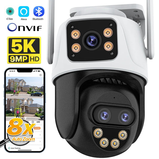 Caméra WIFI 9MP 5K Zoom 8X Trois objectifs Caméra de sécurité WiFi 4MP Caméra IP Vision nocturne couleur Caméra de surveillance à suivi automatique Ai ICSee