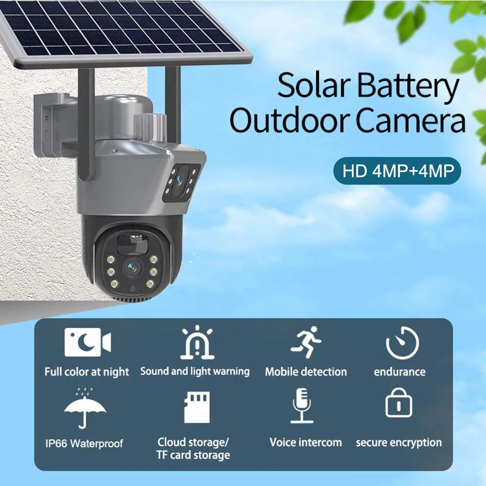 Cameră solară 8MP 4K WiFi Cameră de supraveghere CCTV fără fir pentru exterior cu panou solar lentilă duală PTZ IP Cameră de protecție de securitate