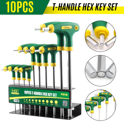 WOZOBUY 10pc Metric Long Arm T-Handle Hex Key Allen Wrench Tool Set Or Star T-Handle Hex Key Set with Convenient Storage Stand