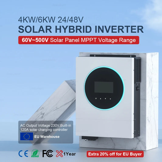 4KW 6KW Off Grid Hybrid Solar Inverter Max.Charge Current 120A Built in MPPT Pure Sine Wave 230VAC Output Battery Voltage 24V48V