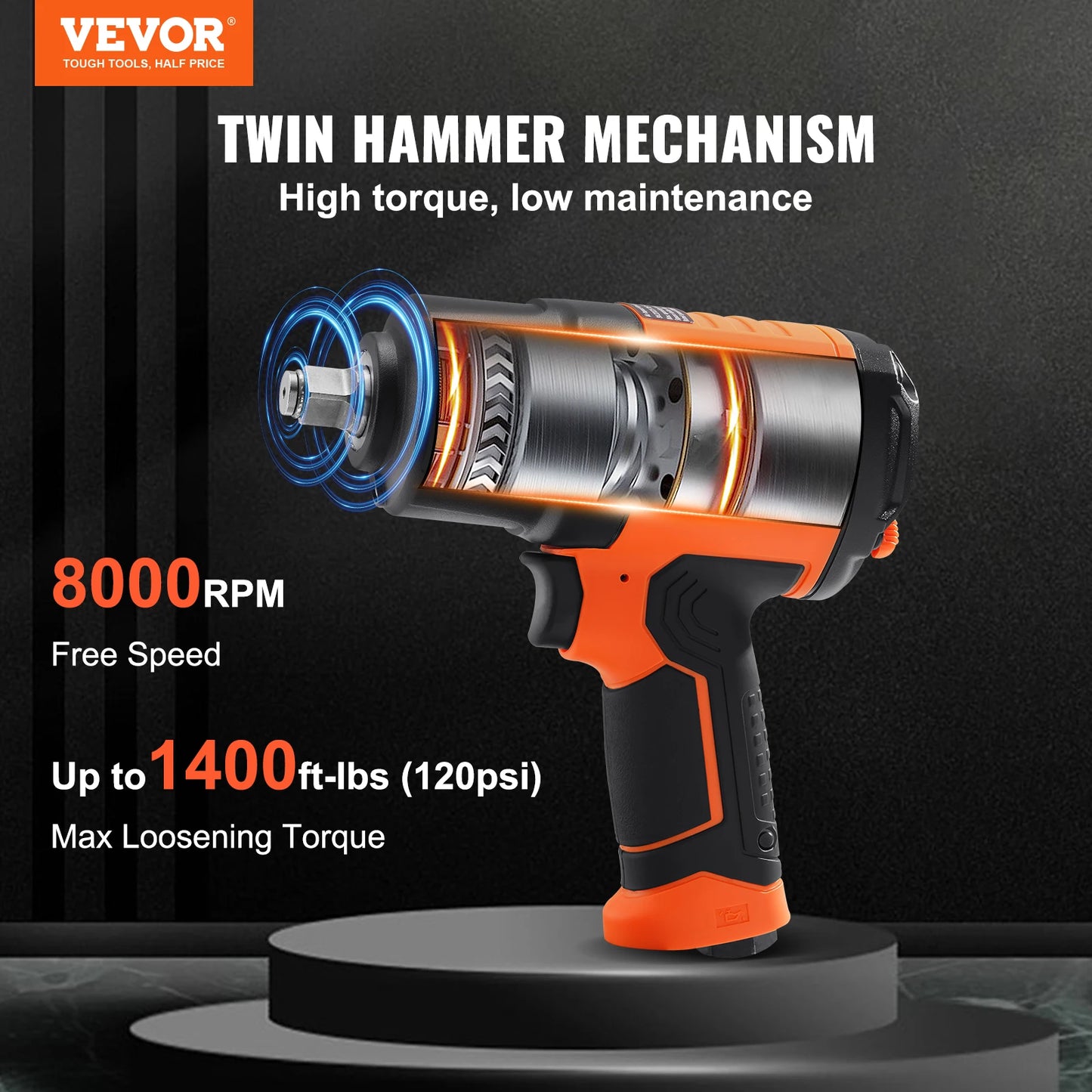 VEVOR 1/2 Inch Air Impact Wrench High Torque Up to 1400 ft-lbs Pneumatic Impact Gun with Steel Impact Socket Set for Auto Repair