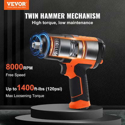 VEVOR 1/2 Inch Air Impact Wrench High Torque Up to 1400 ft-lbs Pneumatic Impact Gun with Steel Impact Socket Set for Auto Repair