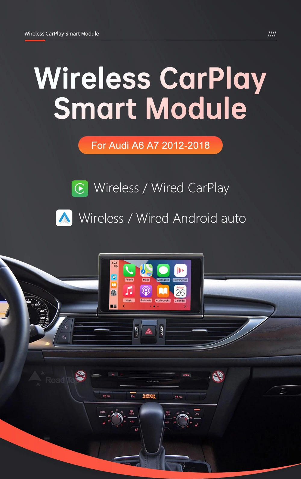 Road Top Wireless CarPlay for Audi A6 A7 2012-2018,with Android Auto Mirror Link AirPlay Bluetooth Rear Camera GPS Navigation