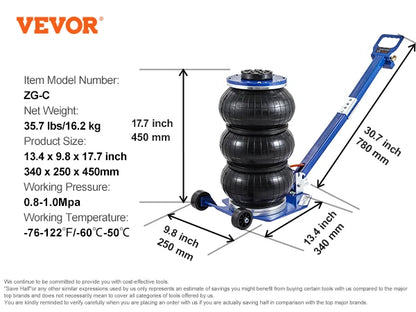 Cric pneumatique VEVOR, cric pneumatique à triple sac de 3 tonnes, cric pneumatique avec six tubes en acier, cric pneumatique à levage rapide 3-5 s, avec longue poignée réglable